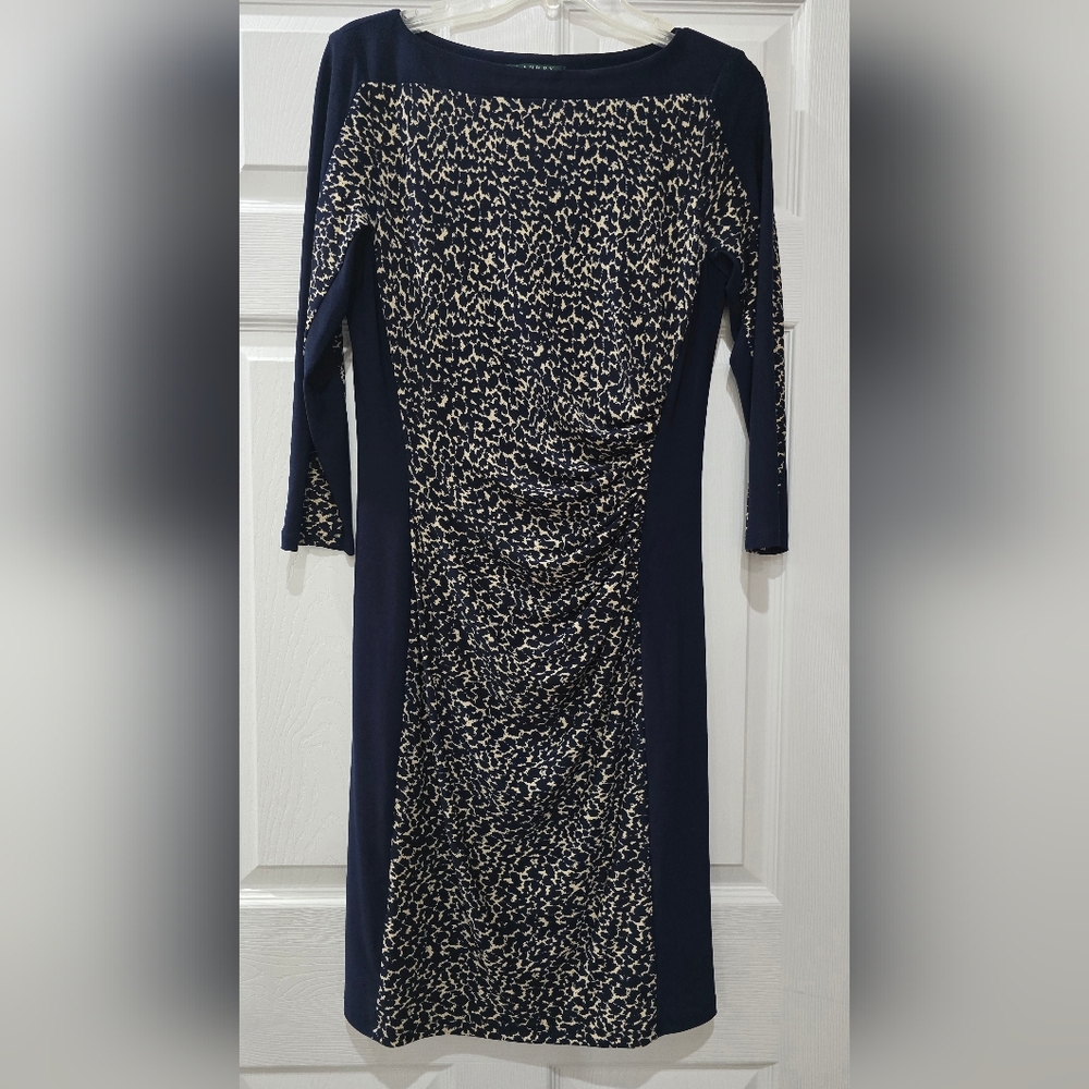 Ralph Lauren Navy and Cream Ruched Long Sleeve Sheath Dress
